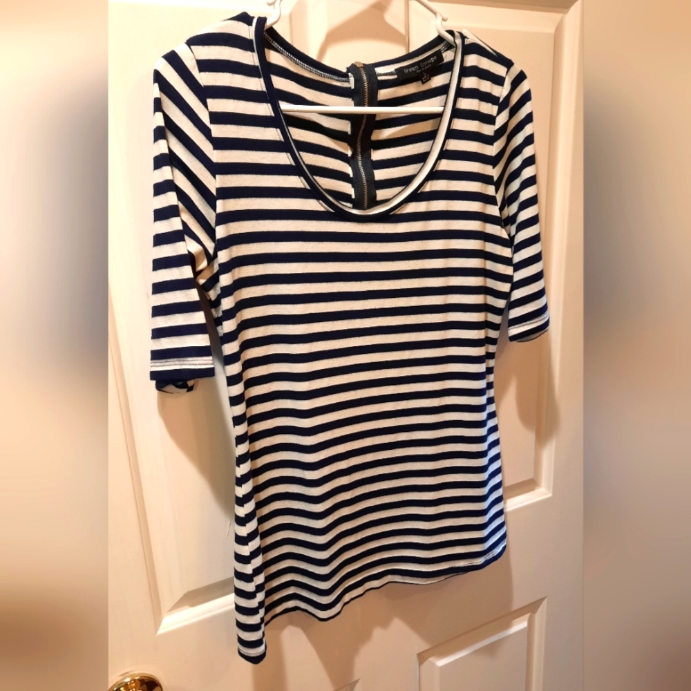 Green Envelope Shirt Womans Large Black White Stripes Back Zip Short Sleeve - Picture 3 of 8